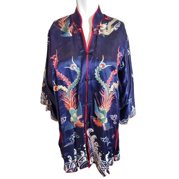 Vintage Handmade Unisex Chinese Silk Kimono Jacket Blouse Robe Royal Blue Sz O/S - Picture 1 of 9